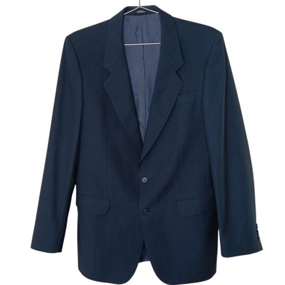 Cecil Gee Navy Blue Blazer Jacket 48 Made in Switzerland Viscose Pinstripe Hole - Picture 2 of 16